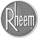 A silver logo of rheem.